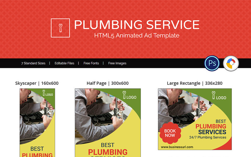 Download Animated Banner "Professional Services | Plumbing Service  Ad Animated Banner" / Professional Services | Plumbing Service  Ad Animated Banner - Animated Banner на тему графика plumbing service worker labor repair domestic ad banner template discount company creative design