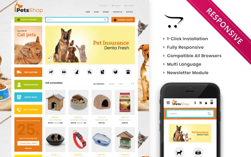 Petsshop - De responsieve OpenCart-sjabloon van de Pets Store