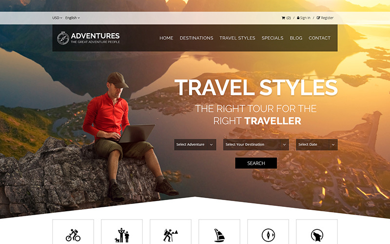 Download PSD шаблон "Adventures - Adventures and Tour Creative PSD Template" / Adventures - Adventures and Tour Creative PSD Template - PSD шаблон на тему спорт, природа и путешествия adventure template adventures beach hiking and camping jungle plane safari shipping summer ticket tour tourism travel trekking trip
