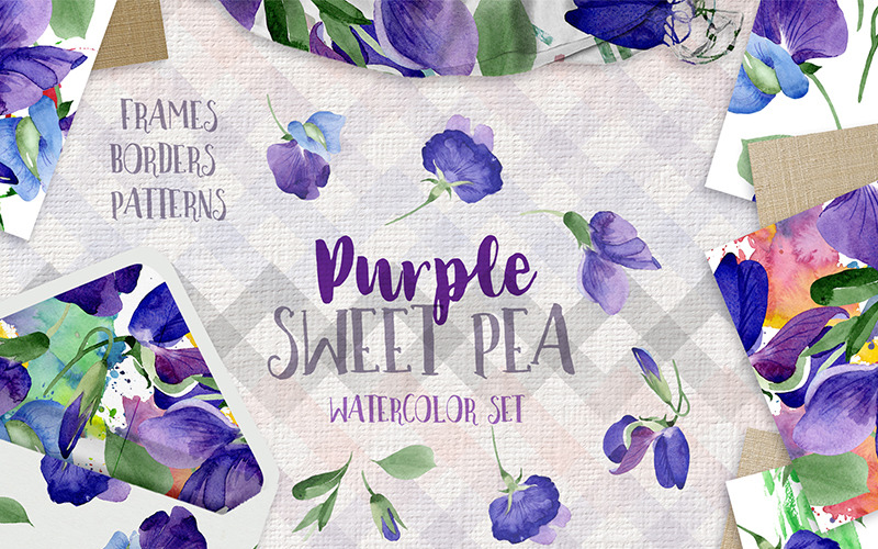 Purple Sweet Pea PNG Watercolor Flower Set - Illustration