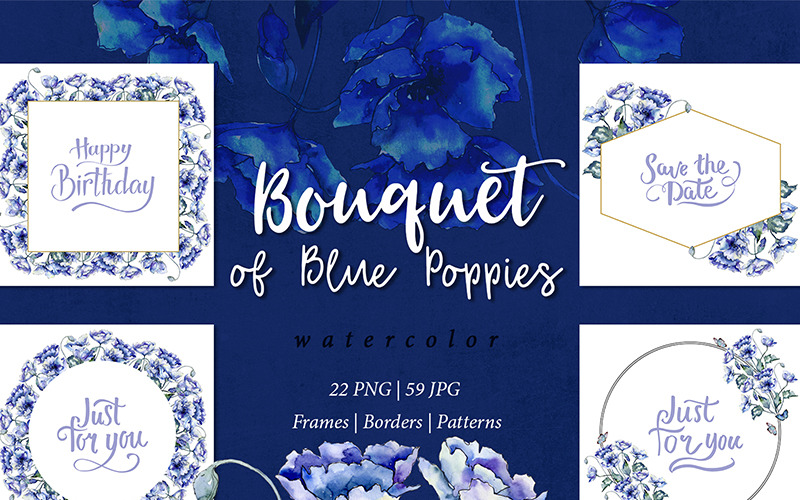Bouquet Of Blue Poppies PNG Watercolor Set - Illustration