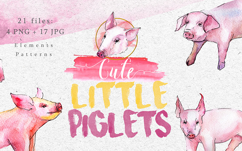 Watercolor Pink Pig Png Set - Illustration