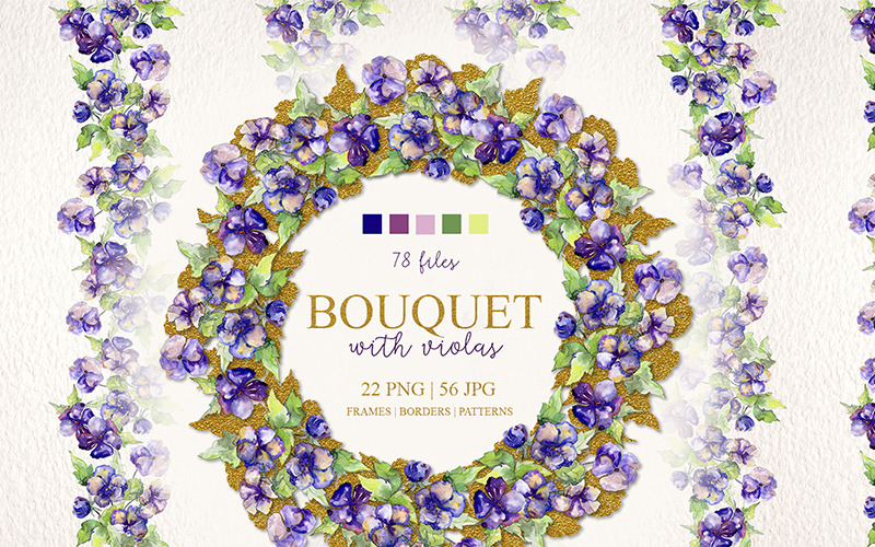 Bouquet com violas PNG Aquarela Set - Ilustração