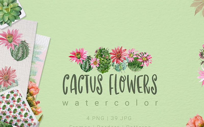 Kaktusz virágok akvarell készlet - illusztráció