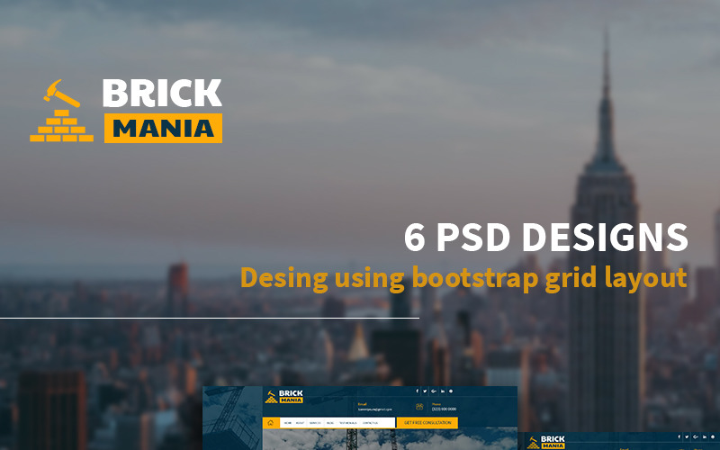 Download PSD шаблон "BrickMania - Multipurpose Construction PSD Template" / BrickMania - Multipurpose Construction PSD Template - PSD шаблон на тему агентство недвижимости construction architecture architectural design bricks skyscrapers projects company real estate agency realtors properties management house homes apartment buildings psd templates