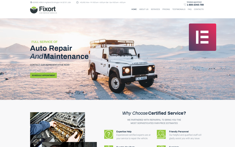 Fixort - Autójavító szolgáltatás WordPress Elementor téma