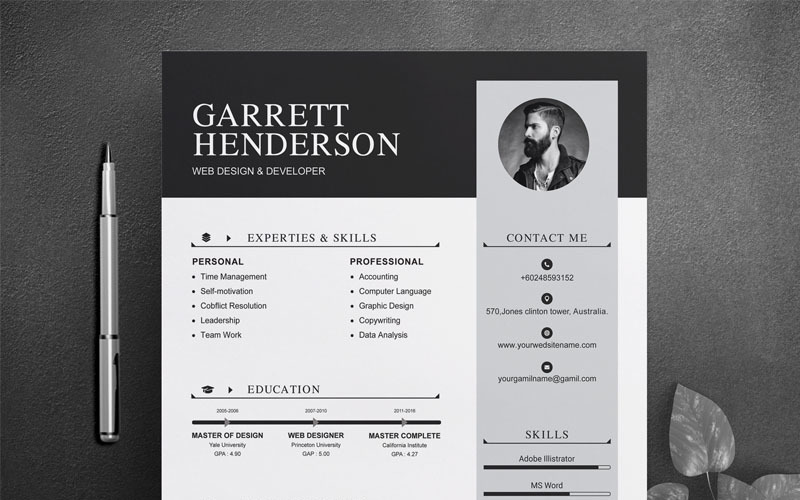 Download Резюме "Garrett Henderson Resume Template" / Garrett Henderson Resume Template - Резюме на тему графика cv template curriculum vitae modern resume clean word microsoft minimal professional mac pages photoshop psd illustrator eps 1 page 2
