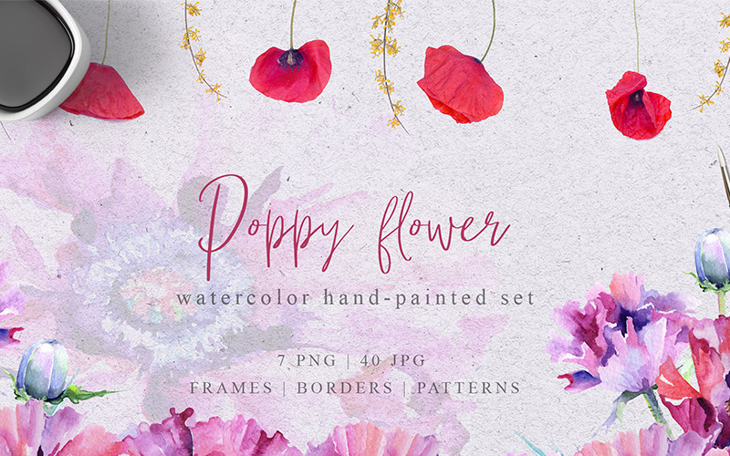 Růžový květ máku PNG akvarel sada - ilustrace