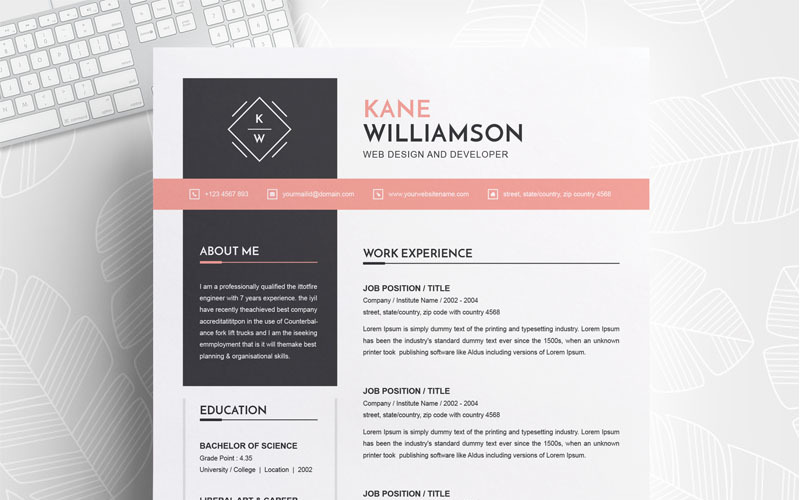 Download Резюме "Kane Williamson Resume Template" / Kane Williamson Resume Template - Резюме на тему графика clean resume creative designer free template modern professional design word templates simple teacher two page