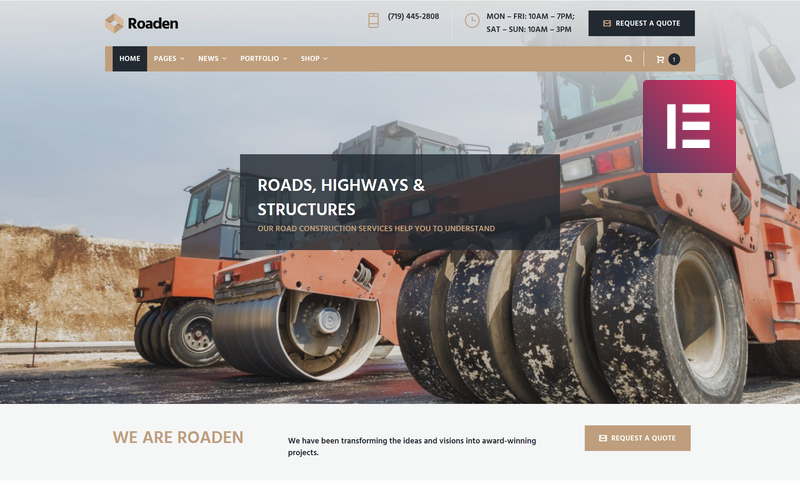 Roaden - Tema de WordPress Elementor para construcción de carreteras