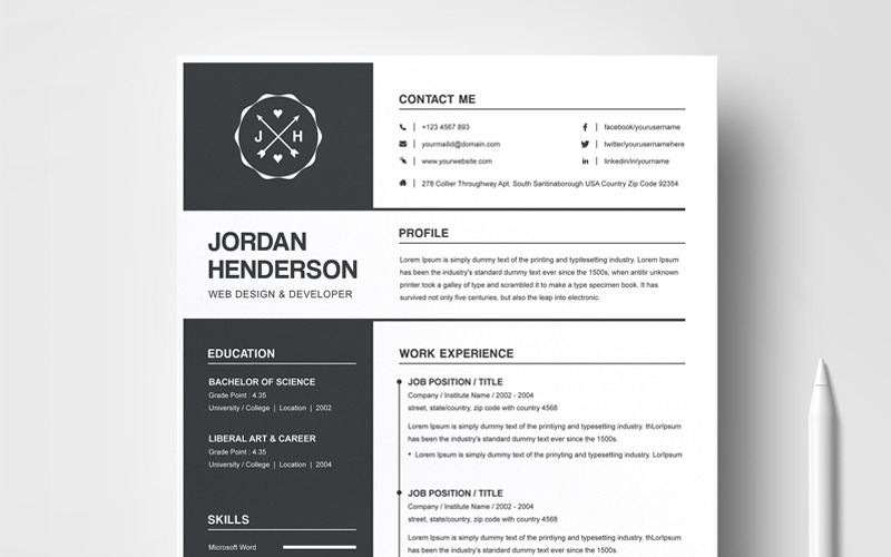 Download Резюме "Jordan Henderson Resume Template" / Jordan Henderson Resume Template - Резюме на тему графика resume template cv curriculum vitae modern clean word microsoft minimal professional mac pages photoshop psd illustrator eps 1 page 2