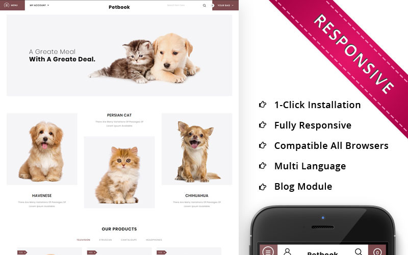 Petbook - Šablona OpenCart s odezvou na prodejny zvířat