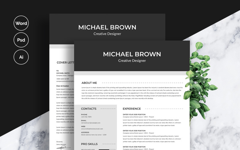 Download Резюме "Michael Brown Resume Template" / Michael Brown Resume Template - Резюме на тему графика 1,page,resume,2,a4,blue,clean,cover,letter,creative,cv,template,design,document,infographic,microsoft,word,minimalist,modern,photoshop