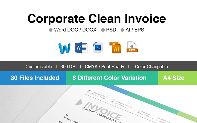 Download Фирменный стиль "MS Word Clean Invoice - Corporate Identity Template" / MS Word Clean Invoice - Corporate Identity Template - Фирменный стиль на тему графика invoice template design ms word psd eps clean bundle simple modern business cash memo a4 automatic bill creative excel indesign