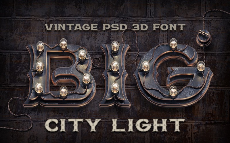 Download Шрифт "BIG City Light Font" / BIG City Light Font - Шрифт на тему графика 3d,render,vintage,retro,steampunk,old,rust,lamp,set,design,alphabet,text,abc,wire,copper,layers,shadow,letters,tube,modern