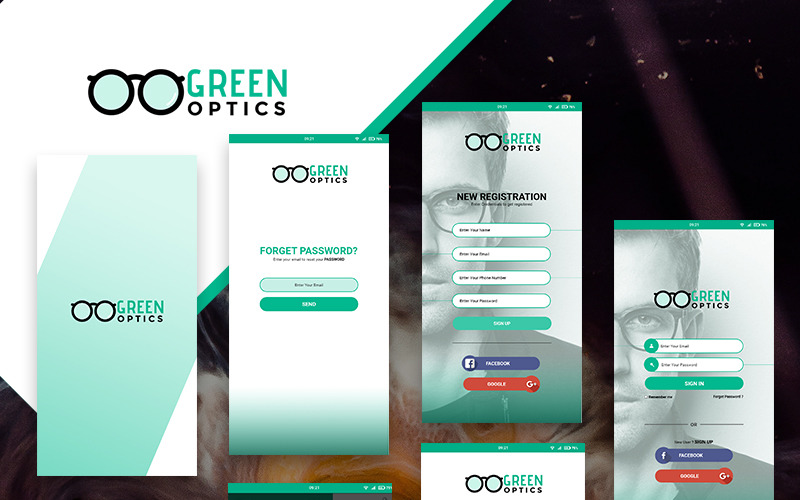 GreenOptics - Elementos de interface do usuário do aplicativo PSD da Specs Store