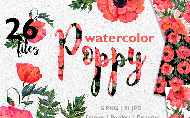 Red Poppy Watercolor PNG JPG - Illustration