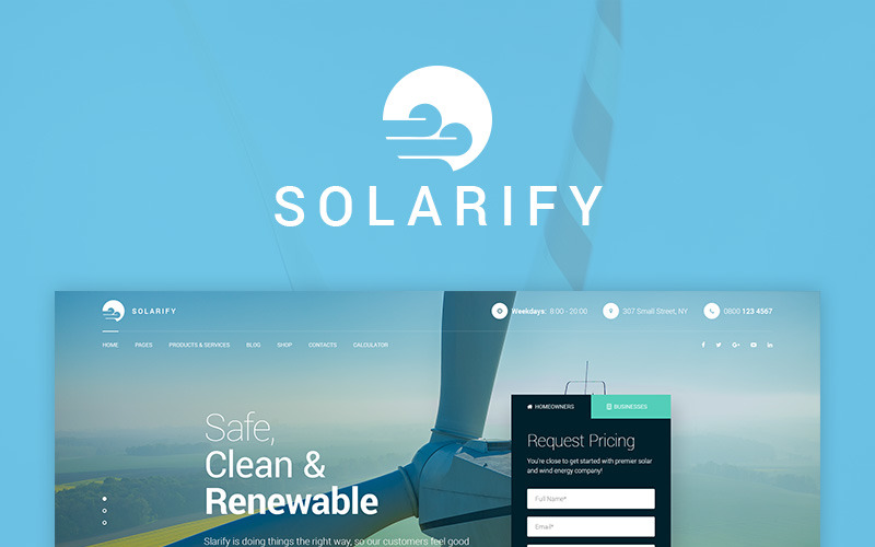 Šablona webových stránek se solárním větrem, zelenou obnovitelnou energií