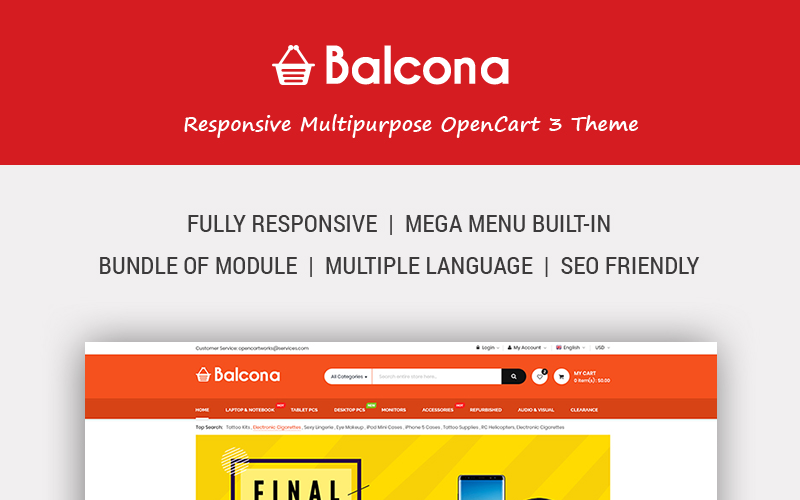 Balcona - багатоцільовий магазин із розширеним адмін-шаблоном OpenCart