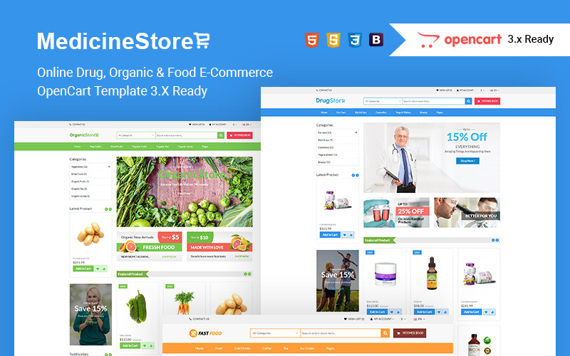 Geneeskundewinkel Online medicijn-, biologische en levensmiddelen E-commerce OpenCart-sjabloon