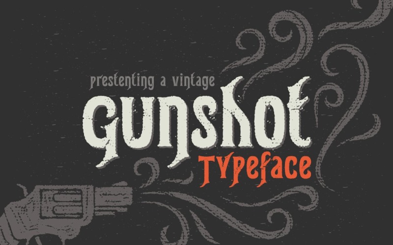 Download Шрифт "Gunshot Typeface Font" / Gunshot Typeface Font - Шрифт на тему графика font,wild,typeface,gun,shotgun,fire,shot,gunshot,vintage,old,rough,dirty,west,grunge,texture,noise,pistol,ornate,abc,alphabet