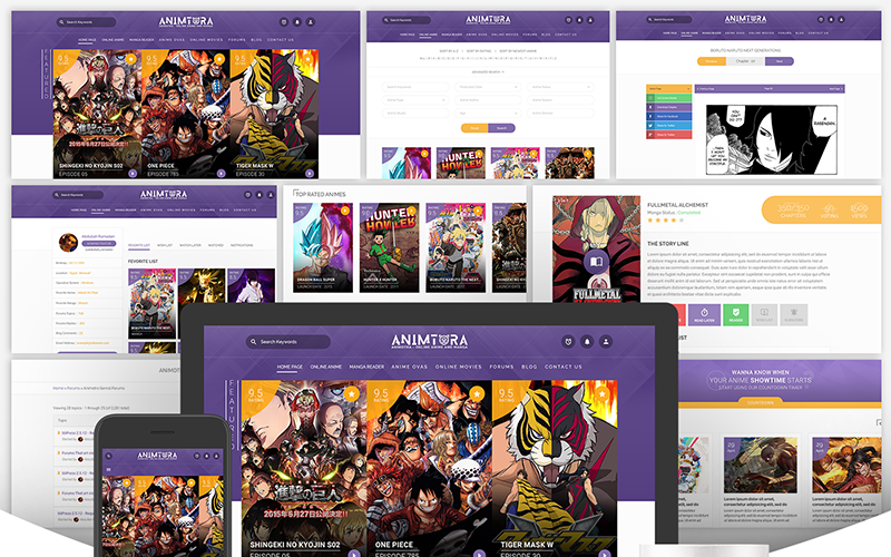 Download PSD шаблон "Animtora - Anime and Manga PSD Template" / Animtora - Anime and Manga PSD Template - PSD шаблон на тему аниме/манга anime manga tv comic comics community forums blog bloging stream streaming ova movie movies show psd template website system film