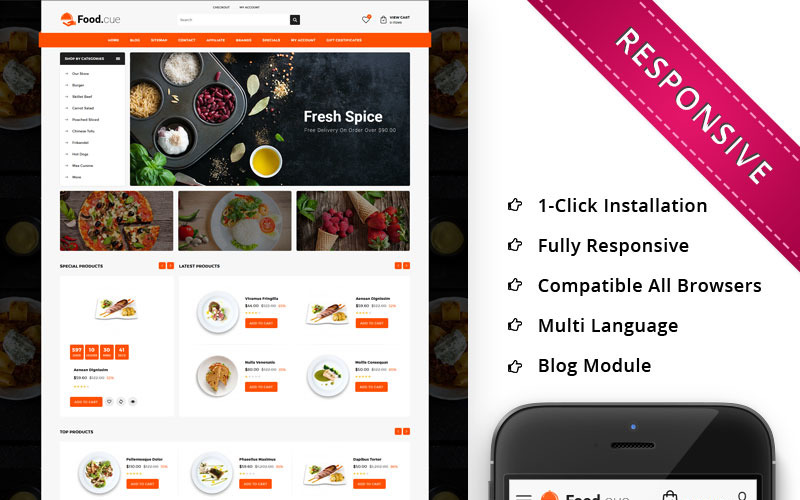Foodcue - O modelo OpenCart responsivo da loja de Fastfood