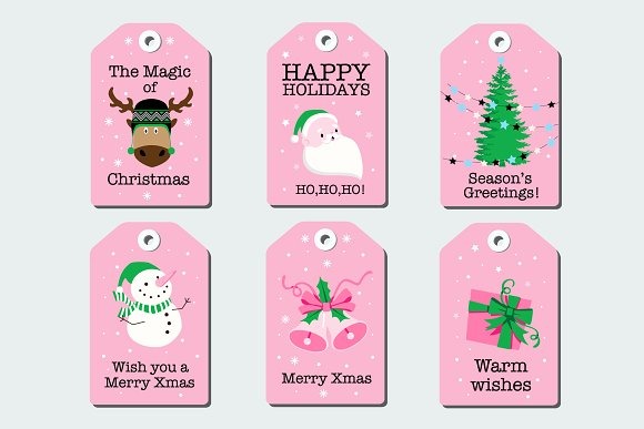 Download Иллюстрация "Christmas Gift Labels - Illustration" / Christmas Gift Labels - Illustration - Иллюстрация на тему графика christmas tree bells present label tags snowman pink winter cozy deer snowflakes greetings wishes xmas merry magic
