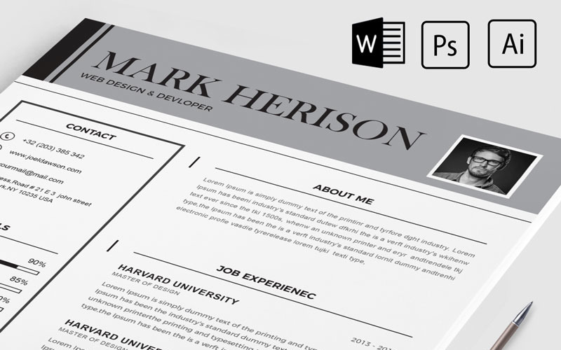 Download Резюме "Mark Herison Resume Template" / Mark Herison Resume Template - Резюме на тему графика 2 page a4 clean cv design elegant resume female feminine infographic letter minimalist modern portfolio professional indesign minimal pages