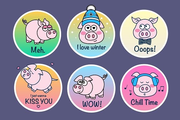Download Иллюстрация "Piggy Badges - Illustration" / Piggy Badges - Illustration - Иллюстрация на тему графика badges icons illustrations tags kiss pig piggy love winter chill new year