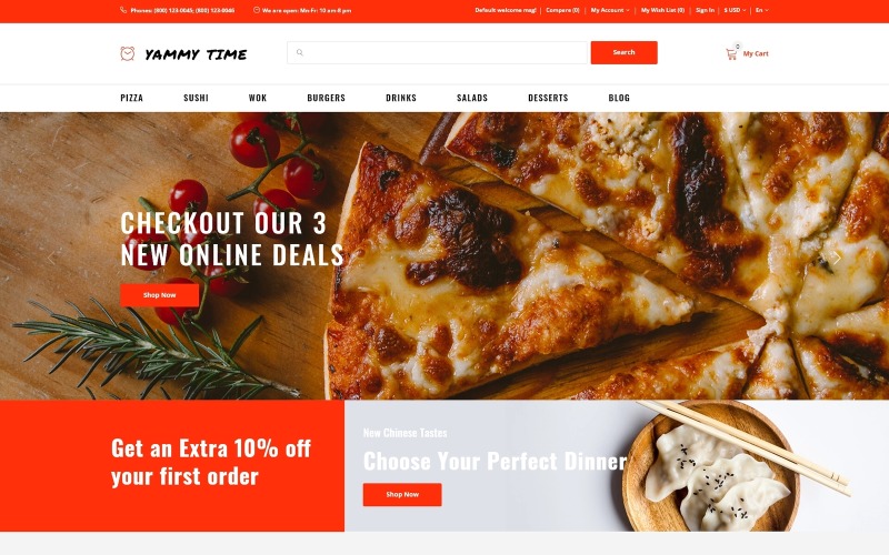 Yammy Time - Yemek Siparişi Mağazası Modern OpenCart Şablonu