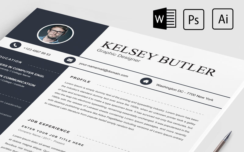 Download Резюме "Kelsey Butler Resume Template" / Kelsey Butler Resume Template - Резюме на тему графика 2 page a4 clean cv design elegant resume female feminine infographic letter minimalist modern portfolio professional indesign minimal pages