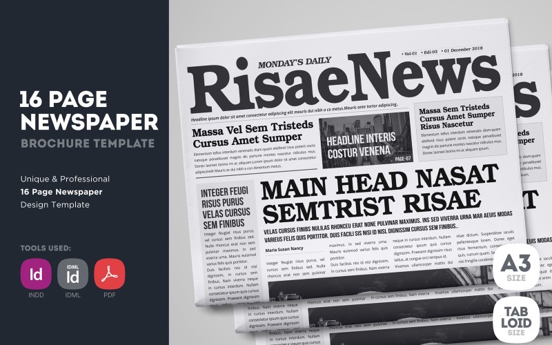 RisaeNews - 16-seitige Zeitungsdesign-Vorlage