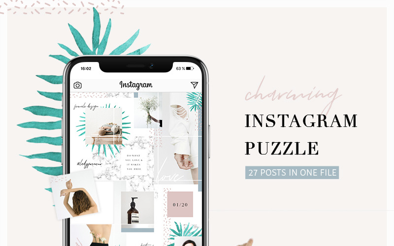 Download Шаблон для соцсетей "Charming Instagram Puzzle Social Media Template" / Charming Instagram Puzzle Social Media Template - Шаблон для соцсетей на тему графика instagram puzzle instapuzzle template photoshop palm leav leaves minimalist minimalism post posts social media female feminine summer marble grid watercolor