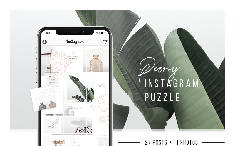 Download Шаблон для соцсетей "Peony Instagram Puzzle + 11 Photos Social Media Template" / Peony Instagram Puzzle + 11 Photos Social Media Template - Шаблон для соцсетей на тему графика puzzle instagram instapuzzle grid peony flower flowers floral female feminine template minimalist minimalism clean simple photos social media post lifestyle