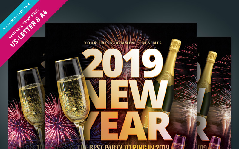 Download Фирменный стиль "New Year Party Flyer - Corporate Identity Template" / New Year Party Flyer - Corporate Identity Template - Фирменный стиль на тему графика new year 2019 party night fireworks holiday club music live dj nye celebration show flyer leaflet pamphlet ad ads magazine