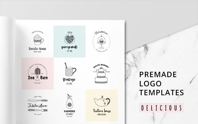 Download Шаблон логотипа "DELICIOUS Premade Logo Set Logo Template" / DELICIOUS Premade Logo Set Logo Template - Шаблон логотипа на тему графика logo logos brand branding food sweets restaurant template minimalist minimalism female feminine cake cupcake coffee bakery avocado tea baker handdrawn