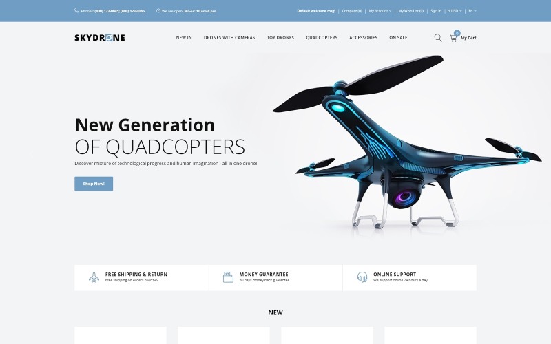 Skydrones - Адаптивный элегантный шаблон OpenCart с квадрокоптером