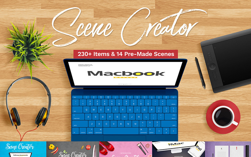 Download Мокап для продукта "Scene Creator v2 product mockup" / Scene Creator v2 product mockup - Мокап для продукта на тему графика branding generator custom scene header image mockup theme psd office desk desktop bundle mock-up hero isolated objects feminine girl woman