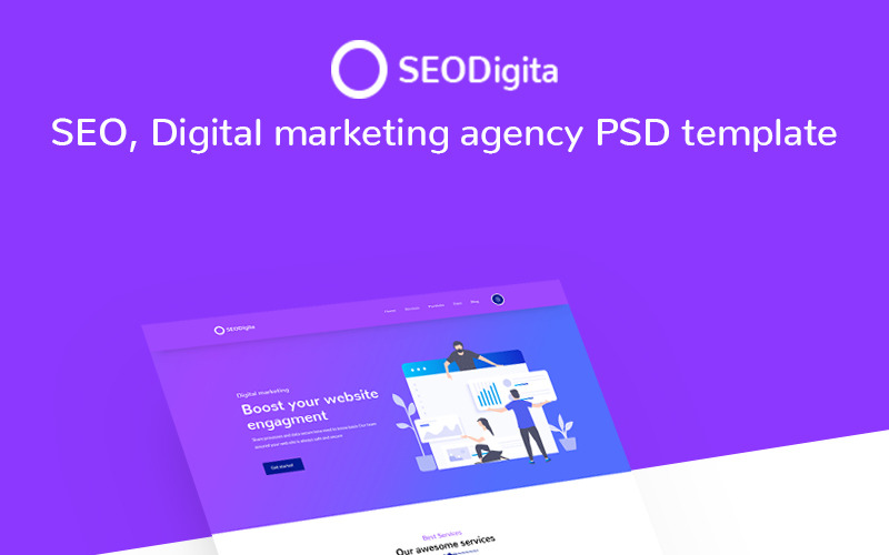 Download PSD шаблон "SEODigita - SEO and marketing PSD Template" / SEODigita - SEO and marketing PSD Template - PSD шаблон на тему графика online marketing digital seo agency startup modern