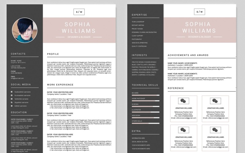 Download Резюме "Sophia Williams Resume Template" / Sophia Williams Resume Template - Резюме на тему графика cv,resume,professional,modern,minimal,creative,biodata,psd,design,student,job,simple,template