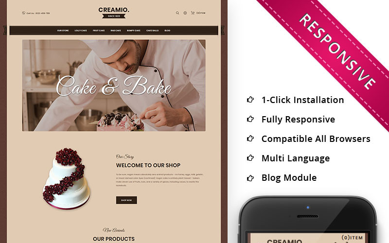 Адаптивний шаблон OpenCart для тортів Creamio