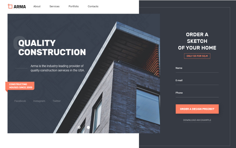 ARMA - Constructie Eén pagina schone HTML-bestemmingspagina-sjabloon