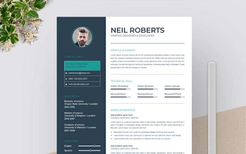 Download Резюме "Neil Resume Template" / Neil Resume Template - Резюме на тему графика a4 clean resume cv doc elegant template indesign infographic modern professional creative design minimal pages portfolio word us letter