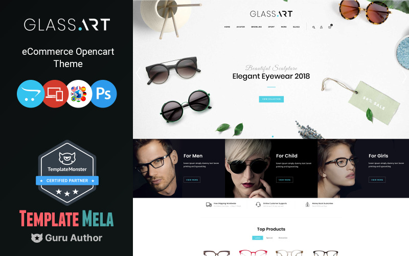GlassArt - 太阳镜和眼镜店及时装店 OpenCart 模板