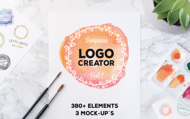 Download Шаблон логотипа "Logo Creator 380+ Elements & Mock-Ups Logo Template" / Logo Creator 380+ Elements & Mock-Ups Logo Template - Шаблон логотипа на тему графика logo logos creator brand branding diy watercolor watercolour female clean simple template label kit collection set handmade circle text lettering