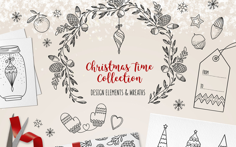 Download Иллюстрация "Christmas Time Collection - Illustration" / Christmas Time Collection - Illustration - Иллюстрация на тему графика christmas wreath elements handdrawn handmade diy lettering text wording overlays tree ball tag flowers gift vector set collection floral deer