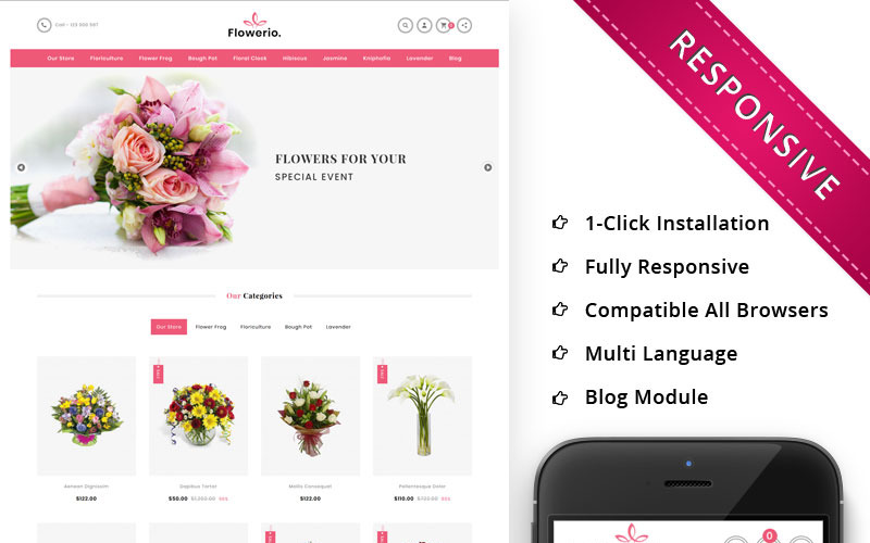 Flowerio - адаптивний шаблон OpenCart для квіткового магазину