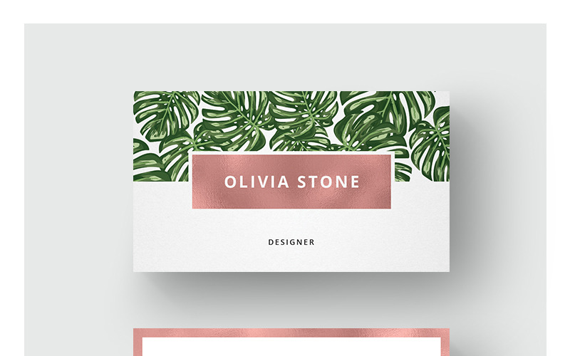 Download Фирменный стиль "Monstera & Rosegold Business Card - Corporate Identity Template" / Monstera & Rosegold Business Card - Corporate Identity Template - Фирменный стиль на тему графика business card template leaf leaves monstera palm personal name rose gold rosegold metallic corporate design beauty printready identity fashion lifestyle