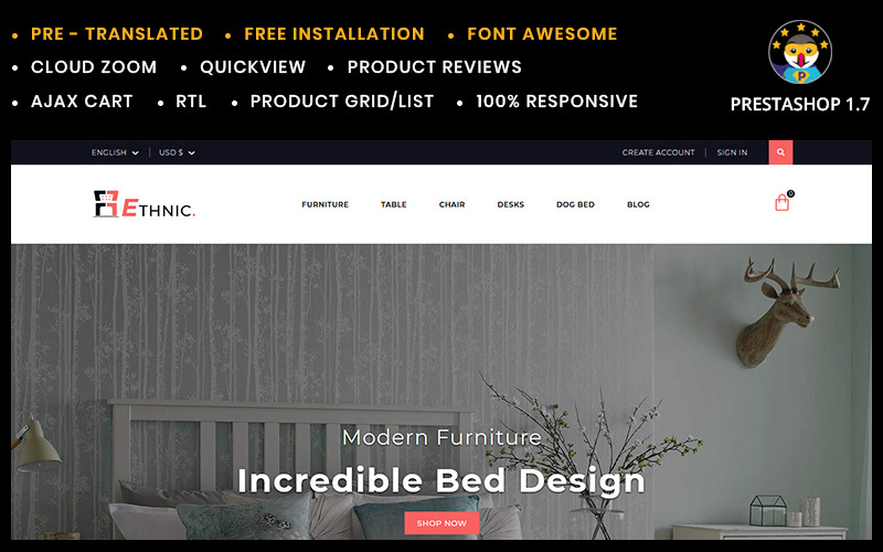 Thème PrestaShop pour la maison et le meuble ethniques